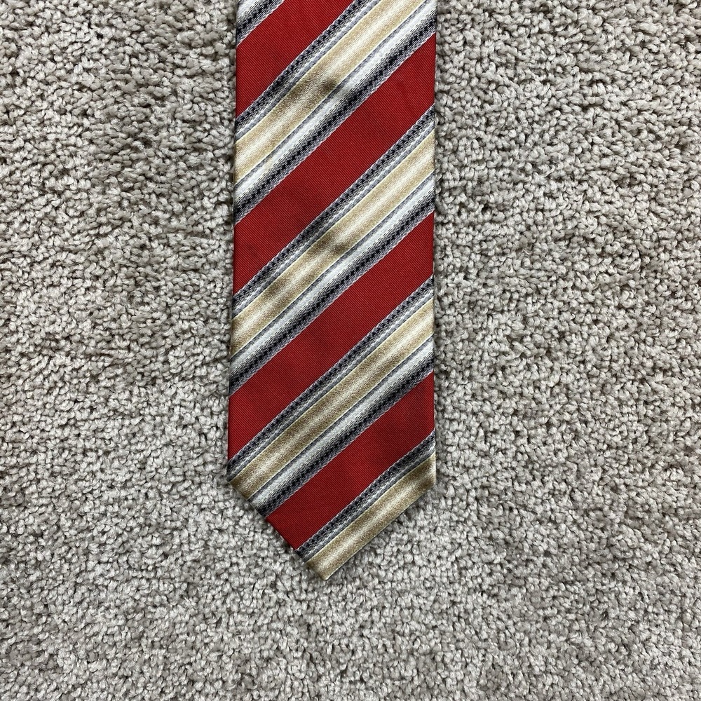 Etro Milano Regal Red Gold Gray Stripe Silk Cotton Tie Made in Italy‎
